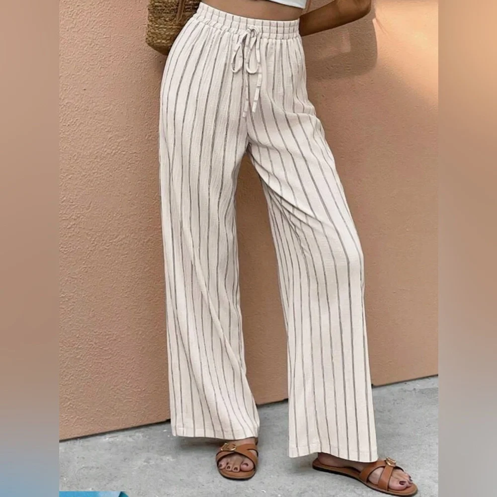 New! Striped Cream Wide-Leg Pants - Picture 1 of 4